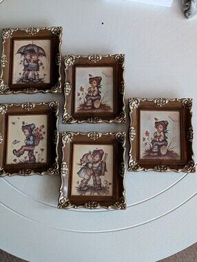 Vintage Hummel Style Faux Wood Ornate Framed Wall Art - Set of 5